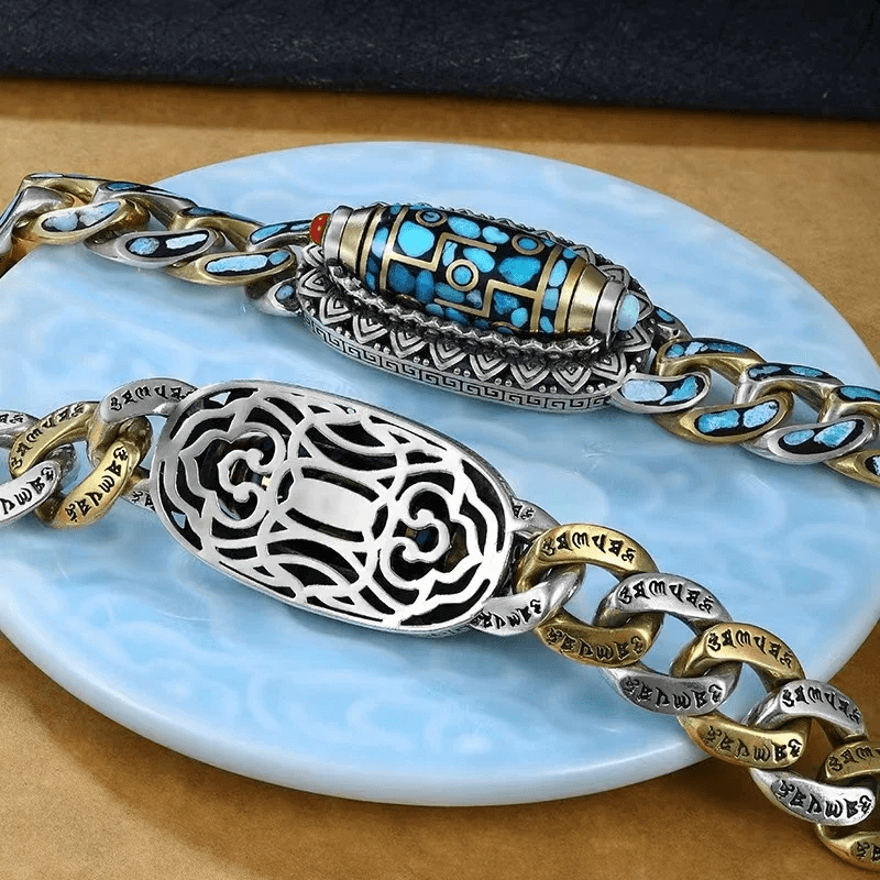 THE MEN THING Steel Bracelets TURQUOISE NINE-EYED DZI - 12mm Pure Copper Bracelet with Box Clasp for Men & Boys (8 inch)