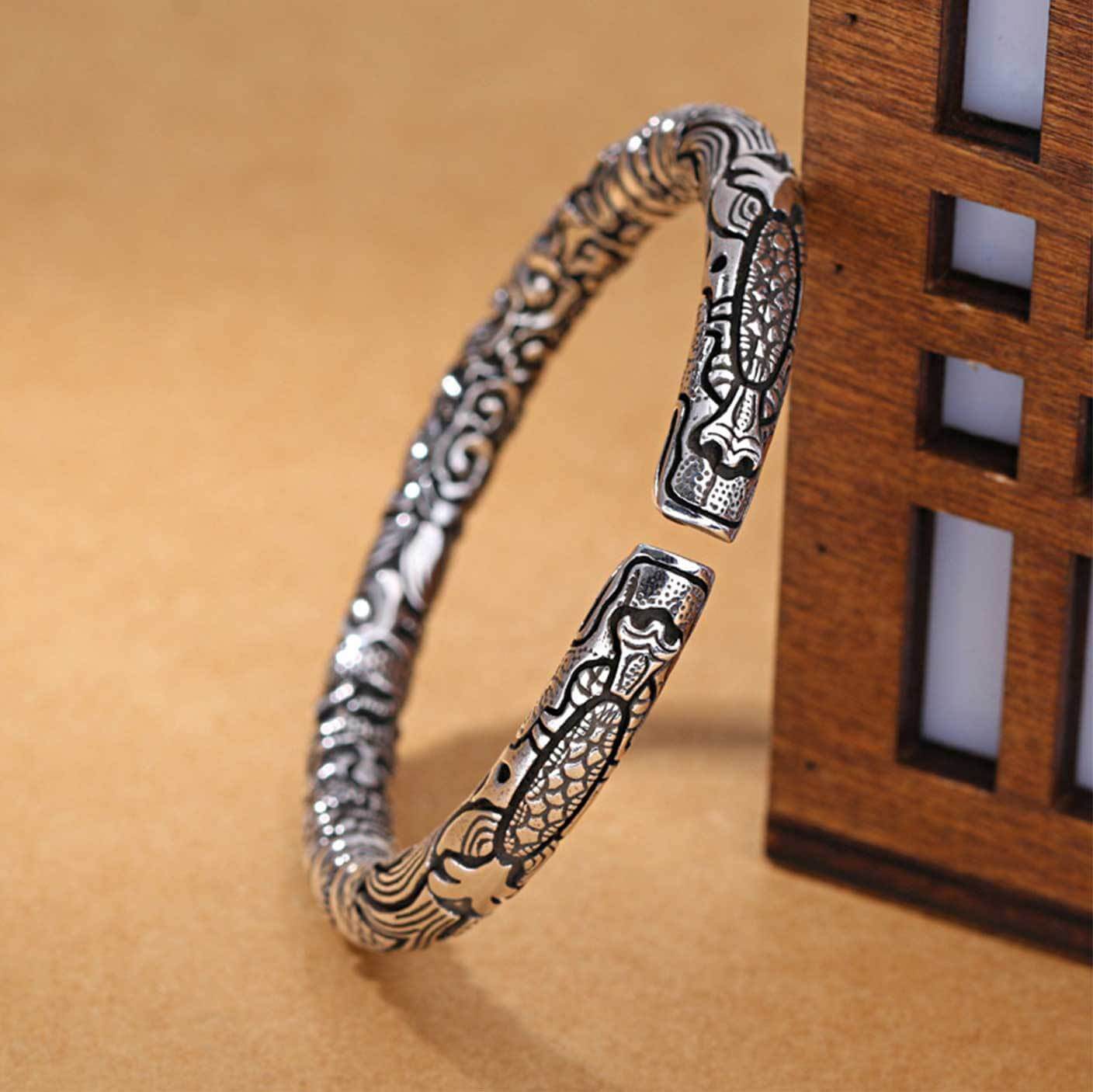 THE MEN THING Steel Bracelets TWO HEADED DRAGON - "7" mm Pure Alloy Silver Cuff Adjustable Bracelet for Men & Boy