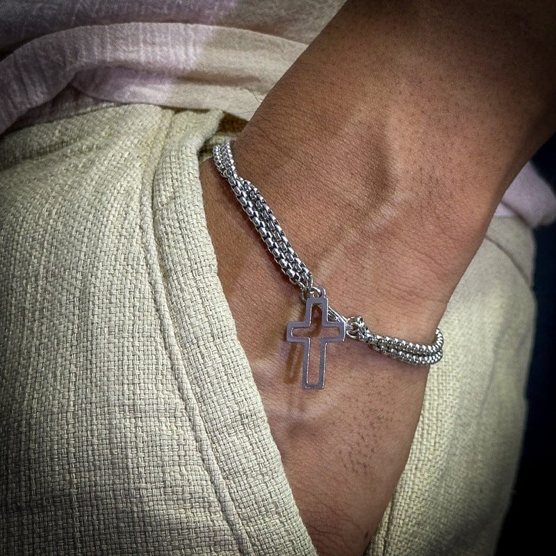 THE MEN THING Steel Bracelets VECTRO NEXUS - Pure Stainless Steel Double Chain Cross Hollow Bracelet 8 inch with Lobster Claw Buckle for Men & Boy.