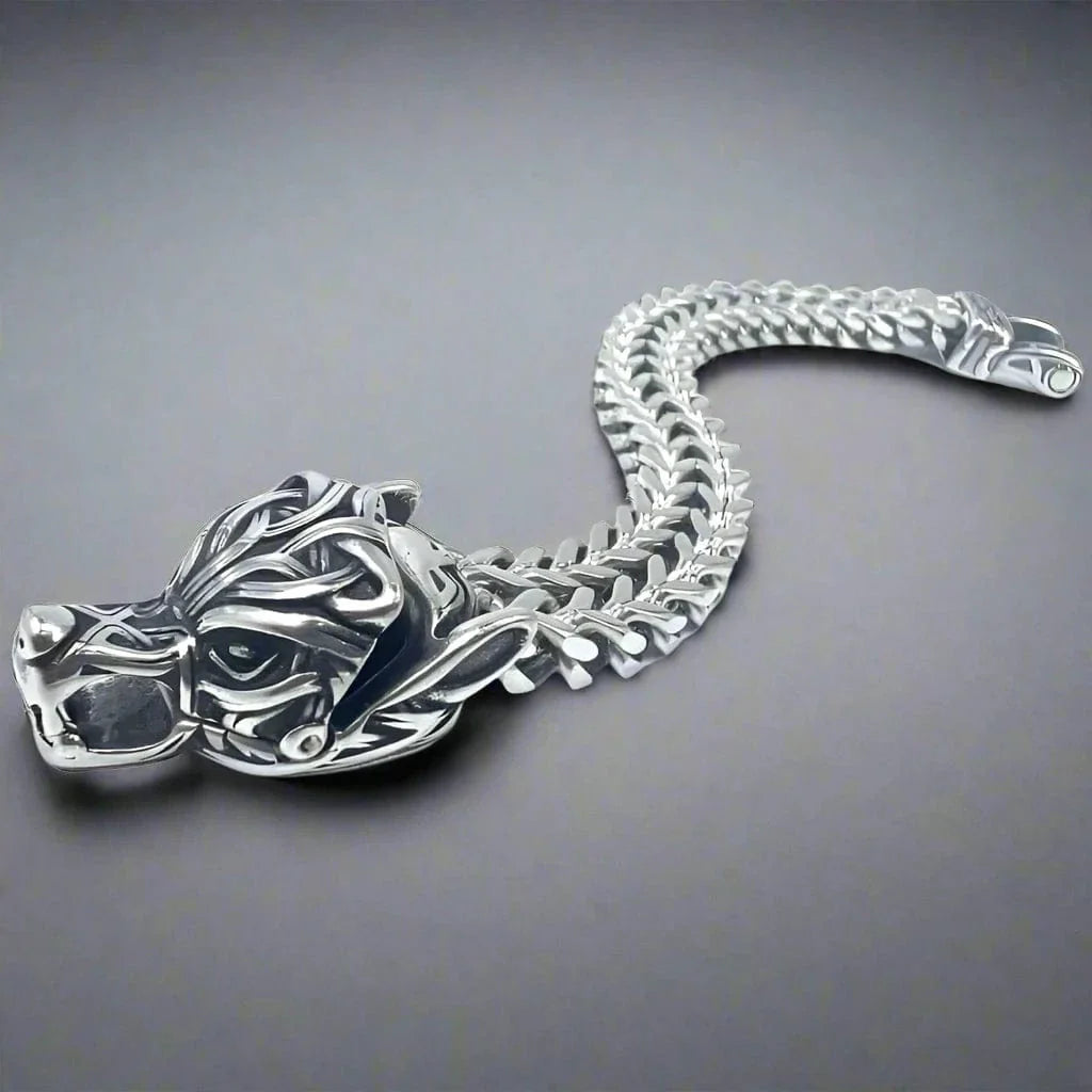 THE MEN THING Steel Bracelets VIKING WOLF HEAD - 12mm Pure Titanium Steel Bracelet, American trending Style - Norse Bracelet for Men & Boys (8inch)
