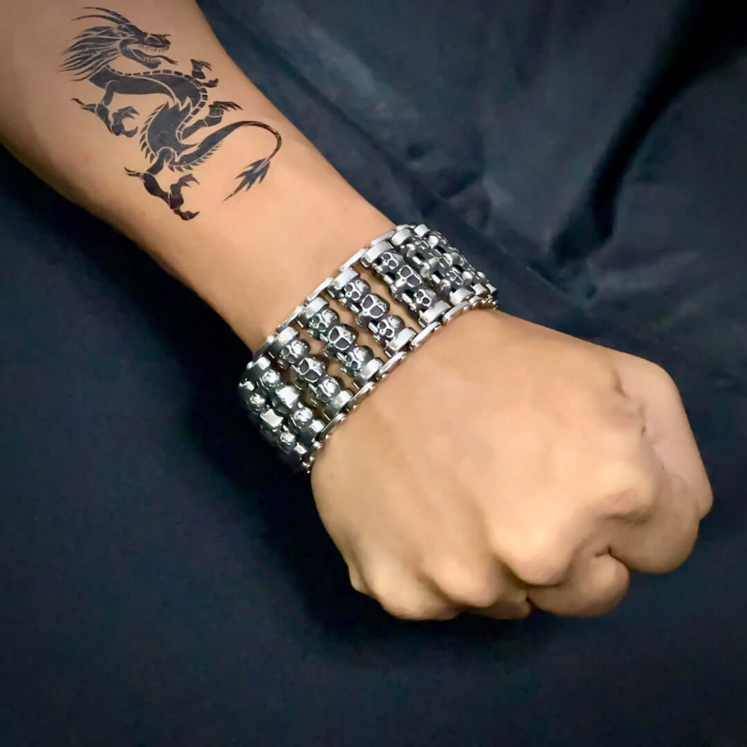 THE MEN THING Steel Bracelets WIDE SKULL - 32mm Pure Titanium Steel Bracelet, Heavy Biker Bracelet for Men & Boy (8inch)