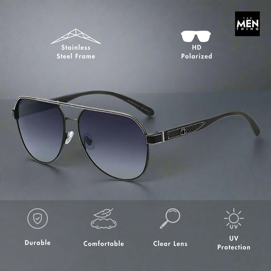 THE MEN THING Sunglasses 2105 DARK HEX - Aviator Style - HD Polarised Sunglasses for Men - UV400 Protection, Stainless Steel Frame