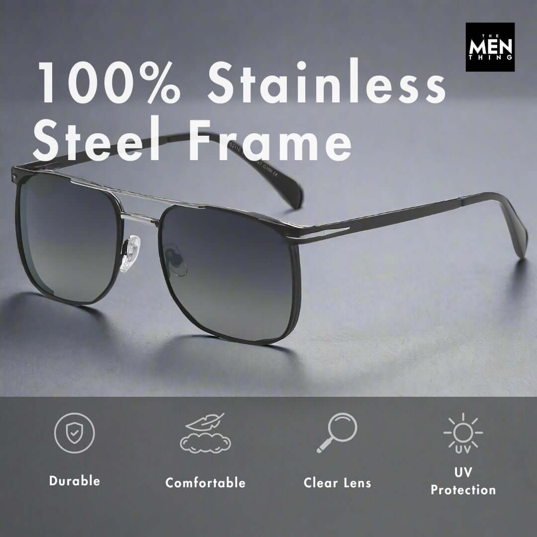 THE MEN THING Sunglasses 2110 MIDNIGHT EDGE - Square Aviator Style - HD Polarised Sunglasses for Men - UV400 Protection, Stainless Steel Frame