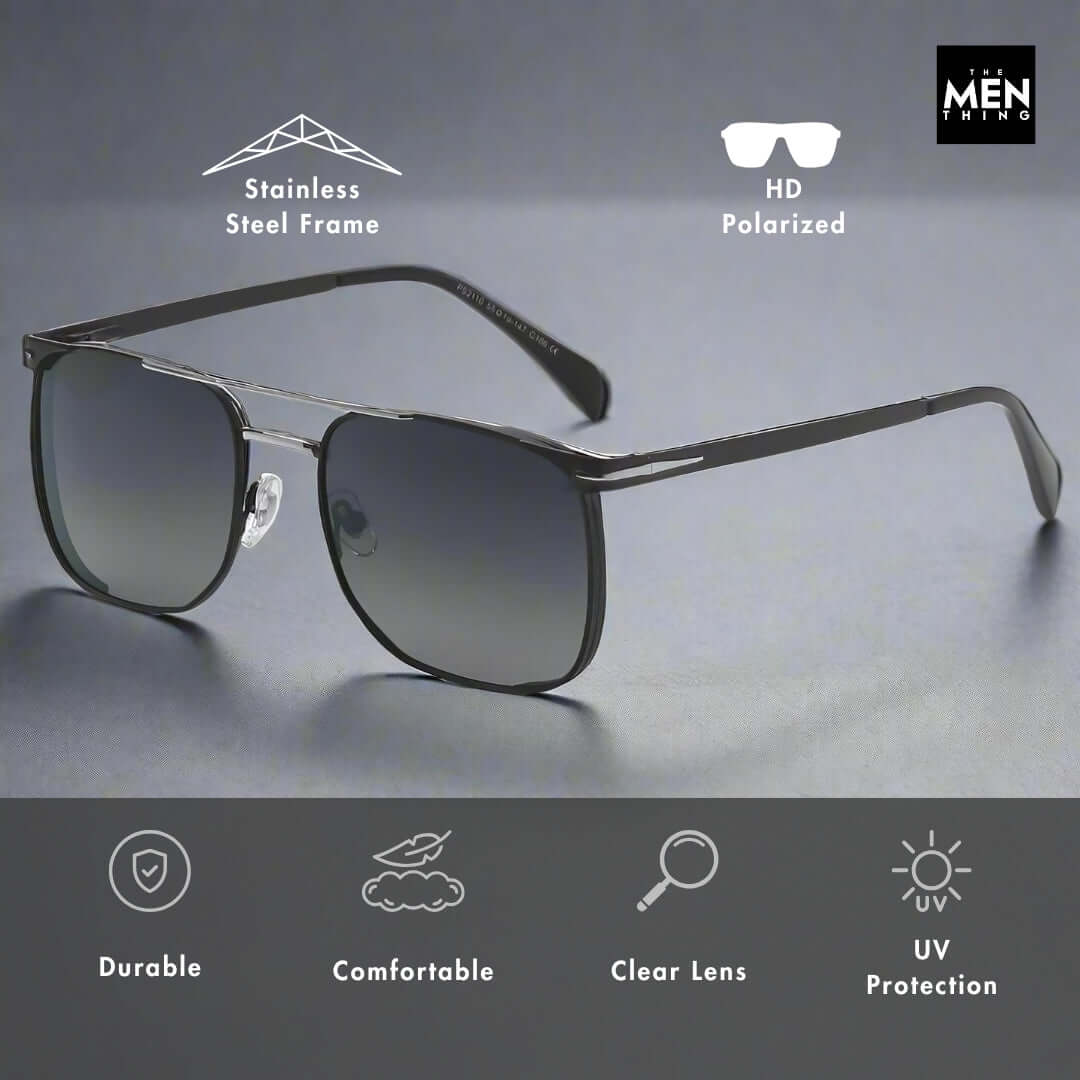 THE MEN THING Sunglasses 2110 MIDNIGHT EDGE - Square Aviator Style - HD Polarised Sunglasses for Men - UV400 Protection, Stainless Steel Frame