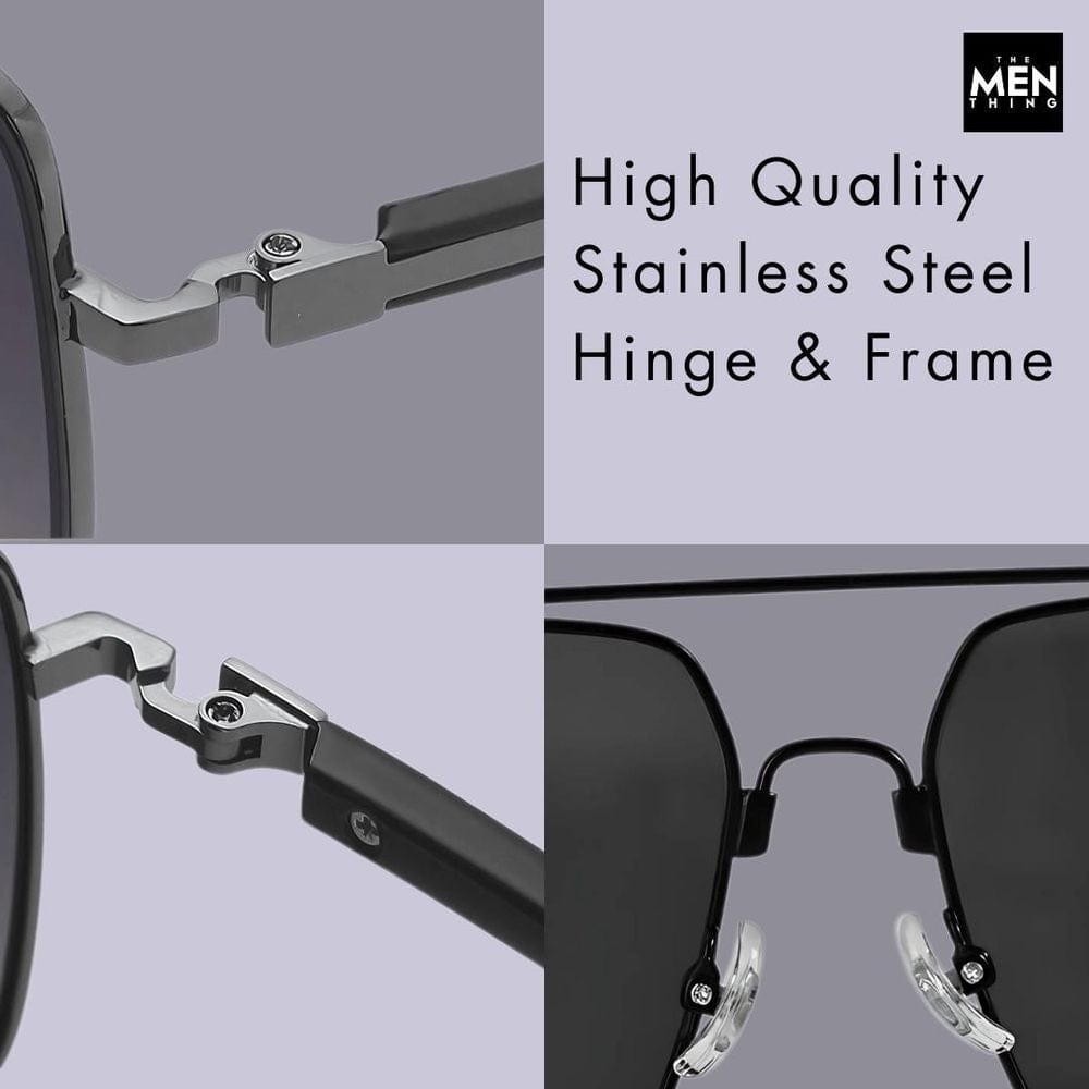 THE MEN THING Sunglasses 2121 SKYLINE LUXE - Classic Square Aviator Style - HD Polarised Sunglasses for Men - UV400 Protection, Stainless Steel Frame