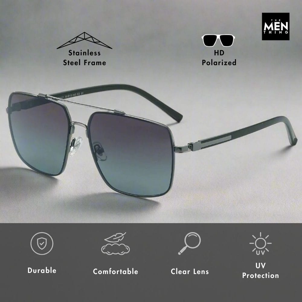 THE MEN THING Sunglasses 2121 SKYLINE LUXE - Classic Square Aviator Style - HD Polarised Sunglasses for Men - UV400 Protection, Stainless Steel Frame