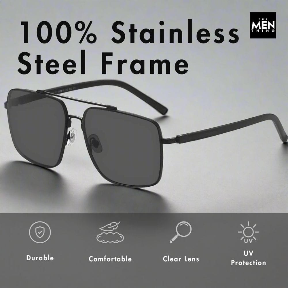 THE MEN THING Sunglasses 2121 SKYLINE LUXE - Classic Square Aviator Style - HD Polarised Sunglasses for Men - UV400 Protection, Stainless Steel Frame