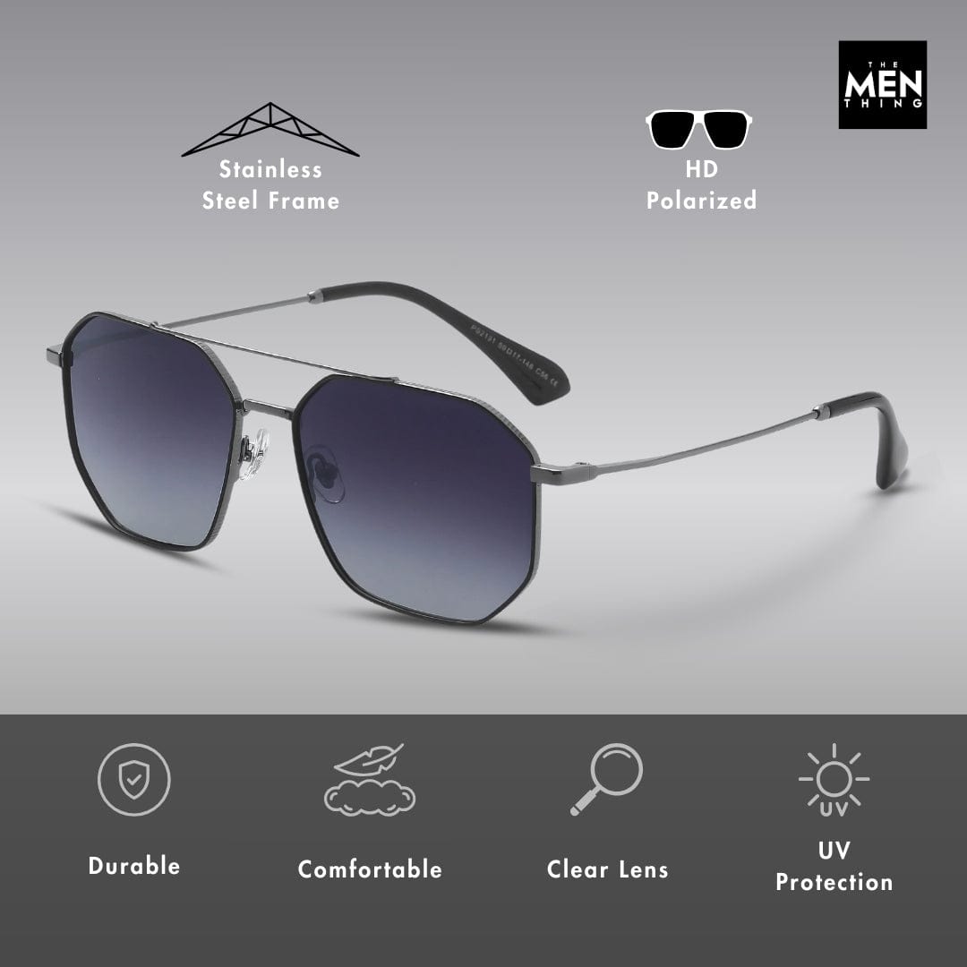 THE MEN THING Sunglasses 2131 - COSMIC FADE - HD Polarised Sunglasses for Men - UV400 Protection, Stainless Steel Frame - Gun Gradient Grey