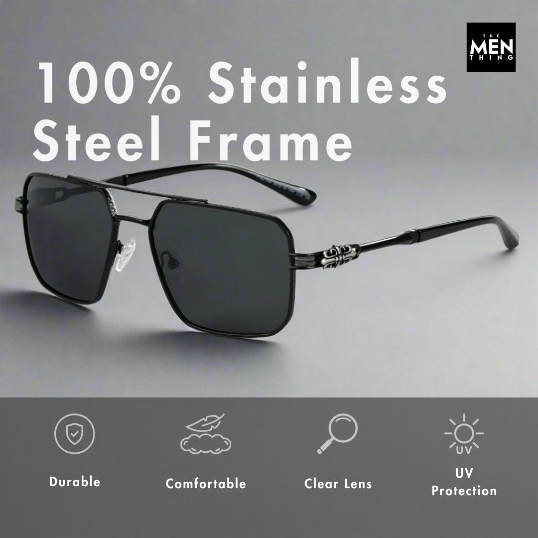 THE MEN THING Sunglasses 2164 HERITAGE - Square Aviator Style - HD Polarised Sunglasses for Men - UV400 Protection, Stainless Steel Frame