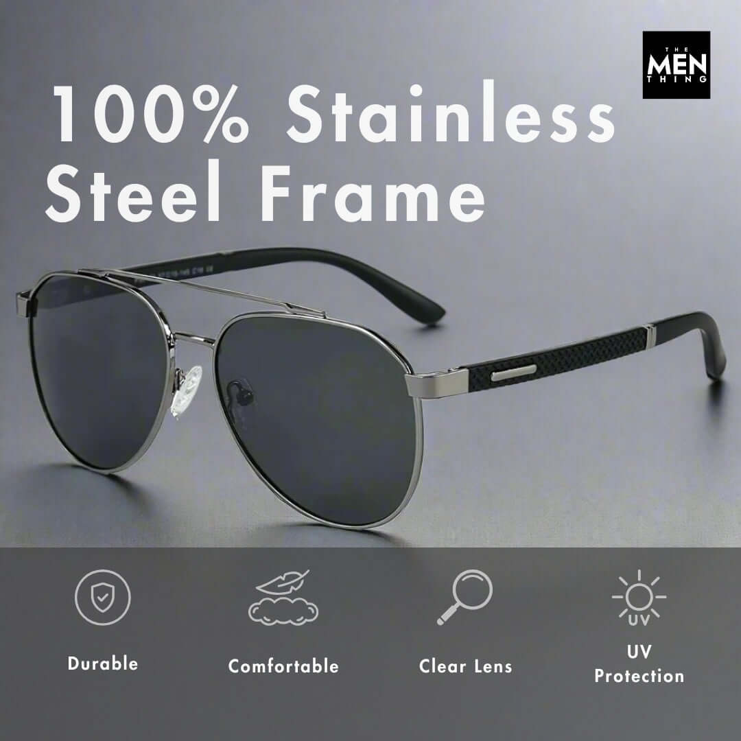 THE MEN THING Sunglasses 2173 STEALTH PILOT - Aviator Style - HD Polarised Sunglasses for Men - UV400 Protection, Stainless Steel Frame
