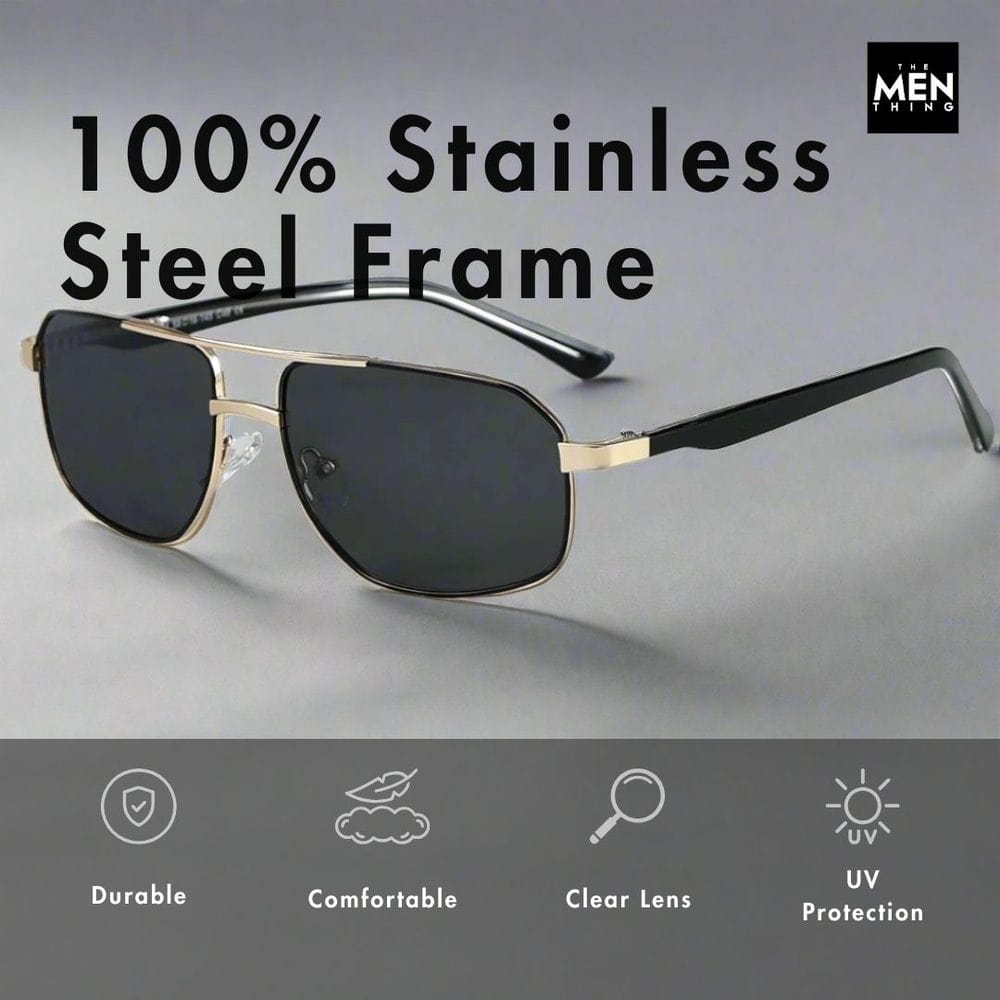 THE MEN THING Sunglasses 2174 ECLIPSE EDGE - Square Aviator Style - HD Polarised Sunglasses for Men - UV400 Protection, Stainless Steel Frame