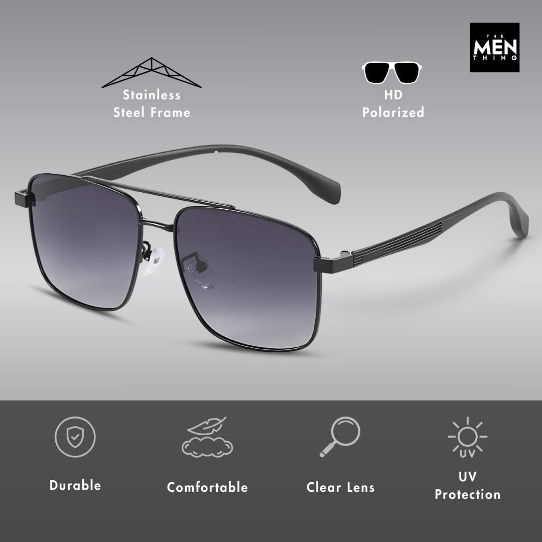 THE MEN THING Sunglasses J3293 - GLACIER LUXE - HD Polarised Sunglasses for Men - UV400 Protection, Stainless Steel Frame - Black Lenses