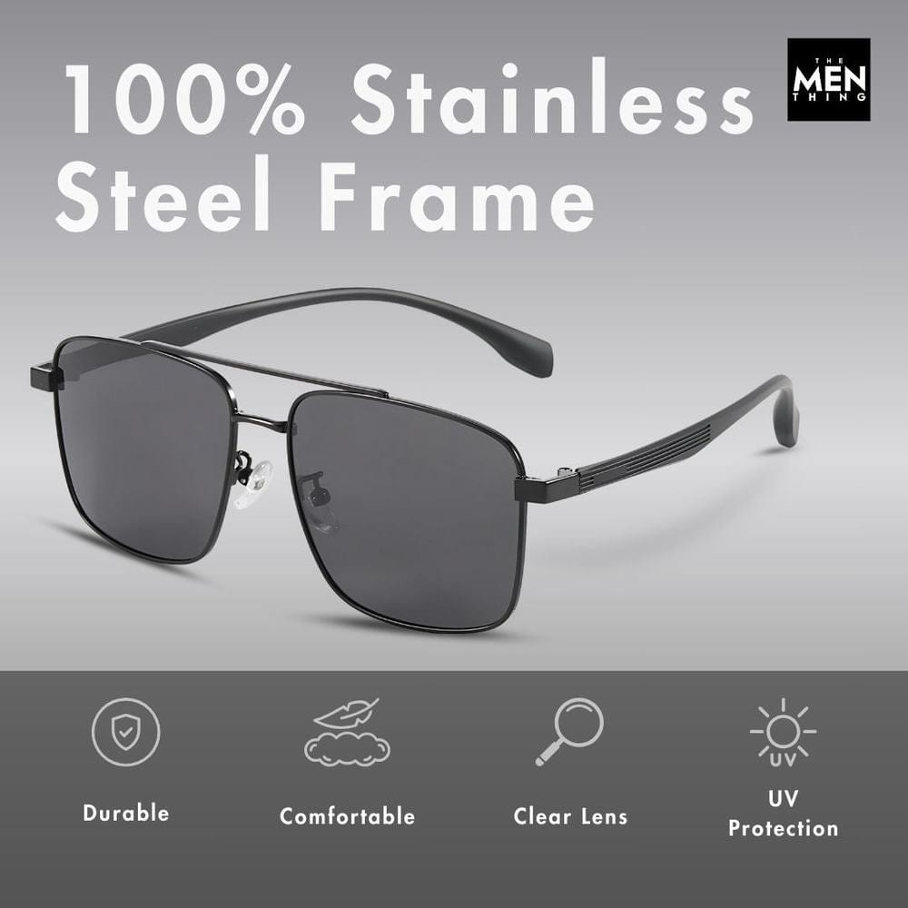 THE MEN THING Sunglasses J3293 - GLACIER LUXE - HD Polarised Sunglasses for Men - UV400 Protection, Stainless Steel Frame - Black Lenses