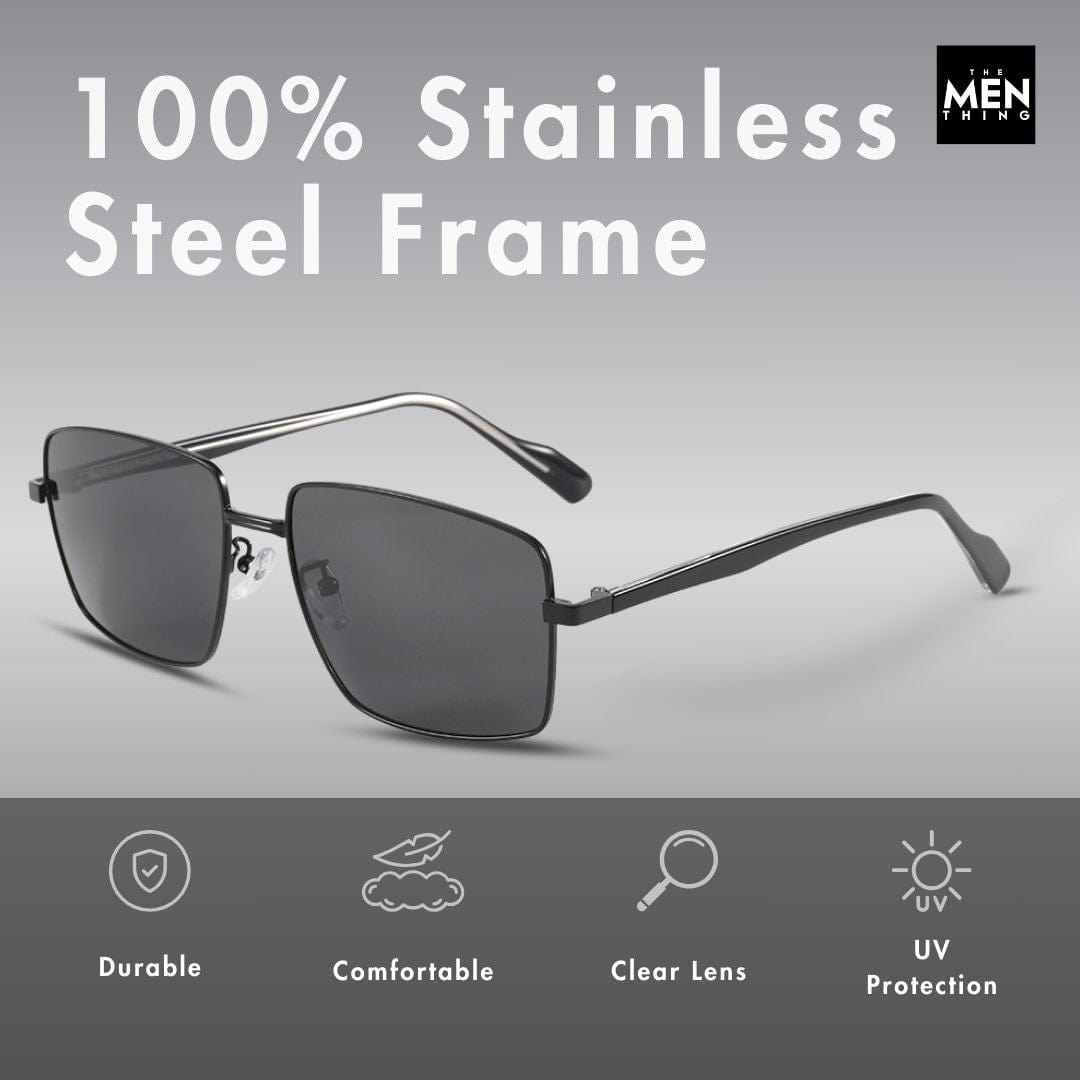 THE MEN THING Sunglasses J3305 - PHANTOM SHADE - HD Polarised Sunglasses for Men - UV400 Protection, Stainless Steel Frame - Black Lenses