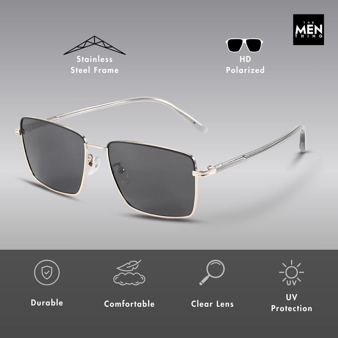 THE MEN THING Sunglasses J3308 - SLEEK VANTAGE- HD Polarised Sunglasses for Men - UV400 Protection, Stainless Steel Frame - Black Lens