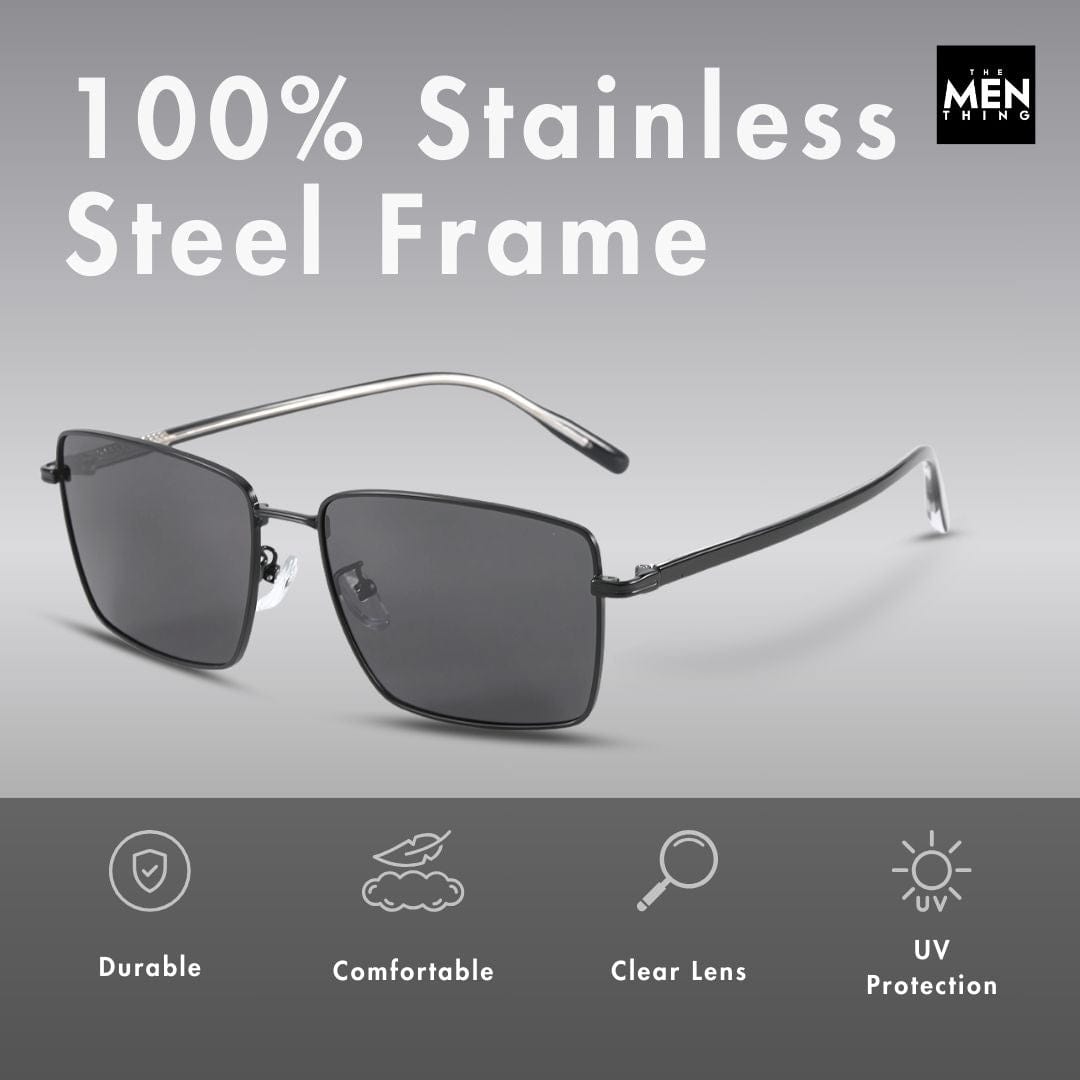 THE MEN THING Sunglasses J3308 - SLEEK VANTAGE- HD Polarised Sunglasses for Men - UV400 Protection, Stainless Steel Frame - Black Lens
