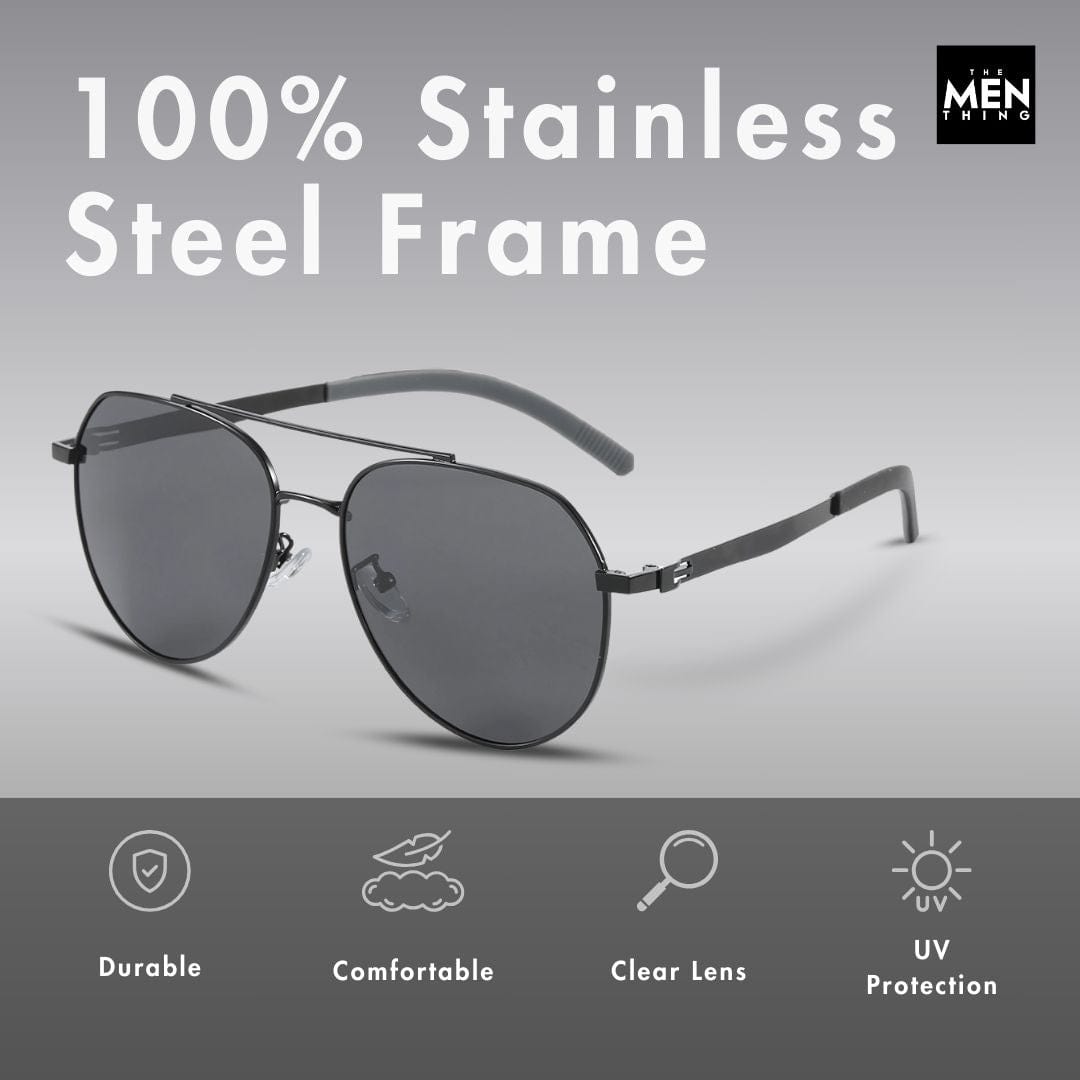 THE MEN THING Sunglasses J3332 - MYSTIC ARC - HD Polarised Sunglasses for Men - UV400 Protection, Stainless Steel Frame - Black Lens