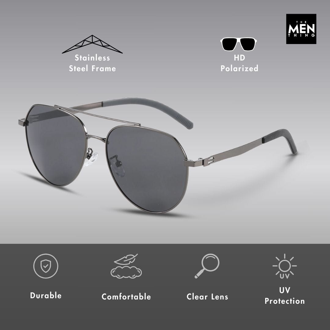 THE MEN THING Sunglasses J3332 - MYSTIC ARC - HD Polarised Sunglasses for Men - UV400 Protection, Stainless Steel Frame - Black Lens