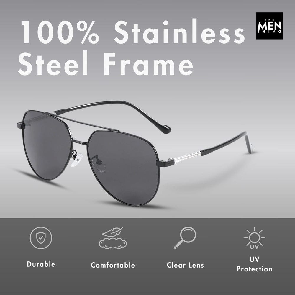 THE MEN THING Sunglasses J3335 - SUNLIT ELEGANCE - HD Polarised Sunglasses for Men - UV400 Protection, Stainless Steel Frame - Black Frame with Black Lens