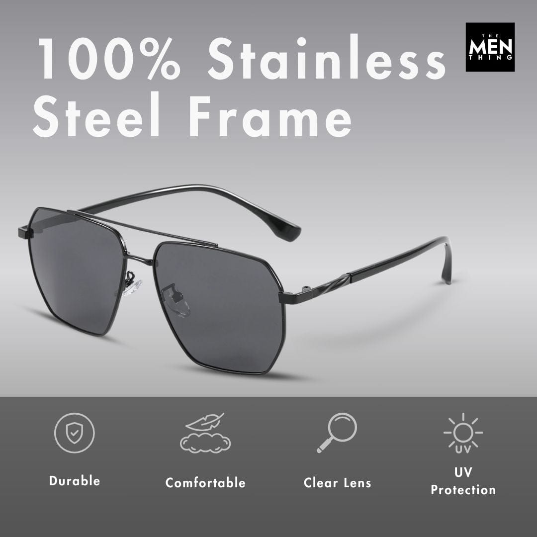THE MEN THING Sunglasses J3337- SPECTRA NOIR- HD Polarised Sunglasses for Men - UV400 Protection, Stainless Steel Frame - Black Frame with Black Lens