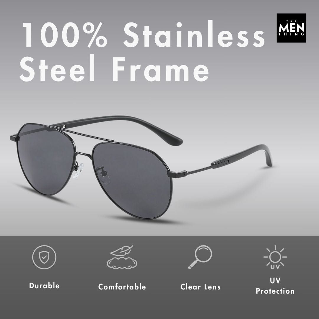 THE MEN THING Sunglasses J3338 - SLATE SOAR - HD Polarised Sunglasses for Men - UV400 Protection, Stainless Steel Frame - Black Frame with Black Lens