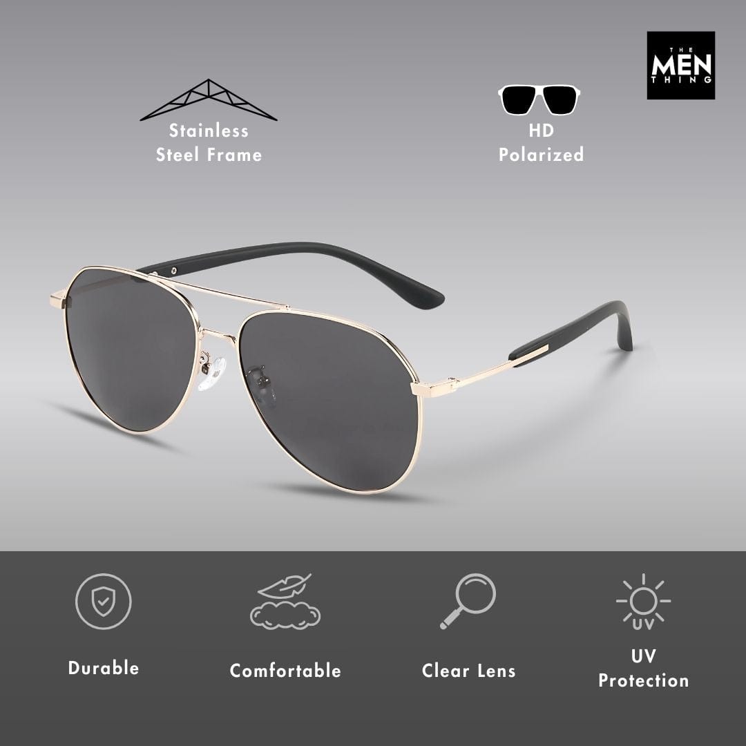 THE MEN THING Sunglasses J3338 - SLATE SOAR - HD Polarised Sunglasses for Men - UV400 Protection, Stainless Steel Frame - Black Frame with Black Lens