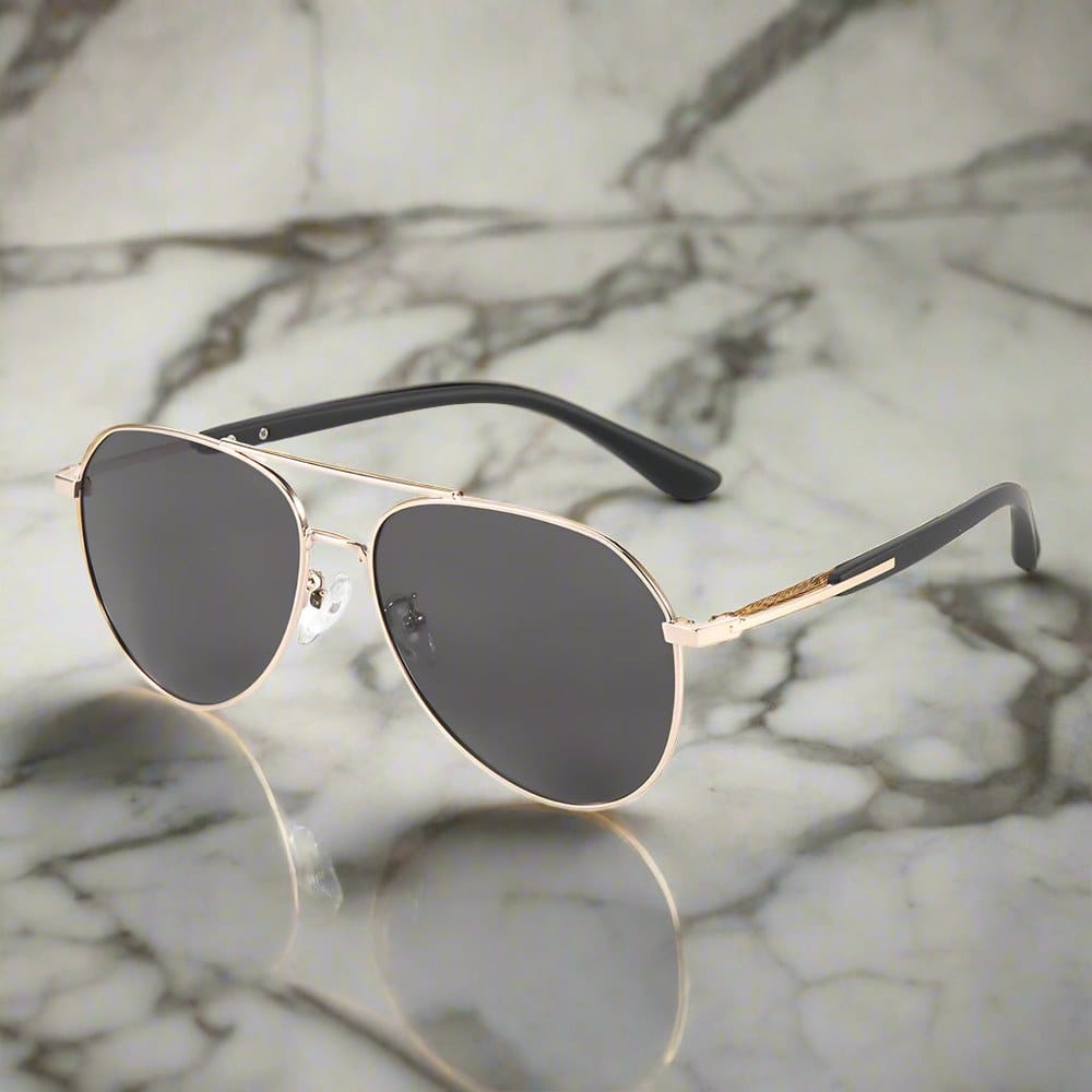 THE MEN THING Sunglasses J3338 - SLATE SOAR - HD Polarised Sunglasses for Men - UV400 Protection, Stainless Steel Frame - Gold Frame with Black Lens
