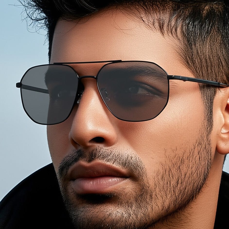 THE MEN THING Sunglasses J3347 - AMBER LUXE - HD Polarised Sunglasses for Men - UV400 Protection, Stainless Steel Frame - Black Frame with Black Lens