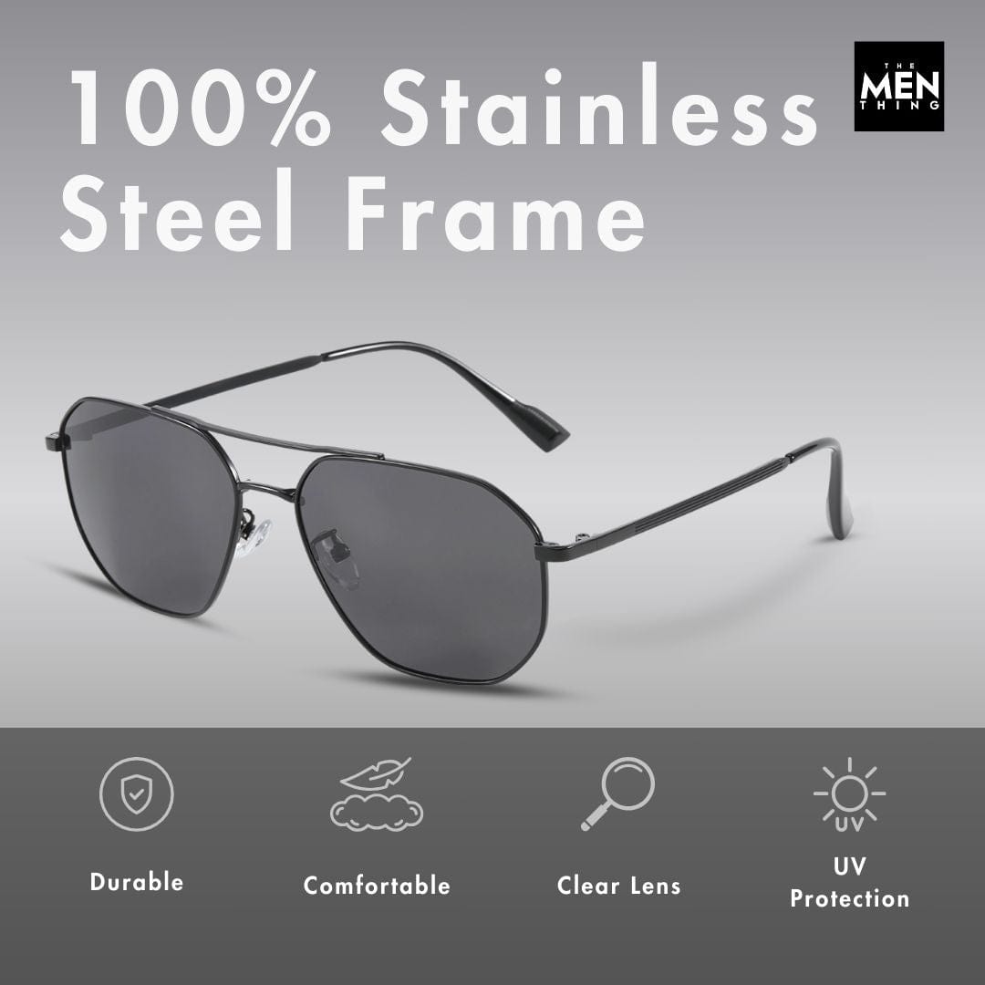THE MEN THING Sunglasses J3347 - AMBER LUXE - HD Polarised Sunglasses for Men - UV400 Protection, Stainless Steel Frame - Black Frame with Black Lens