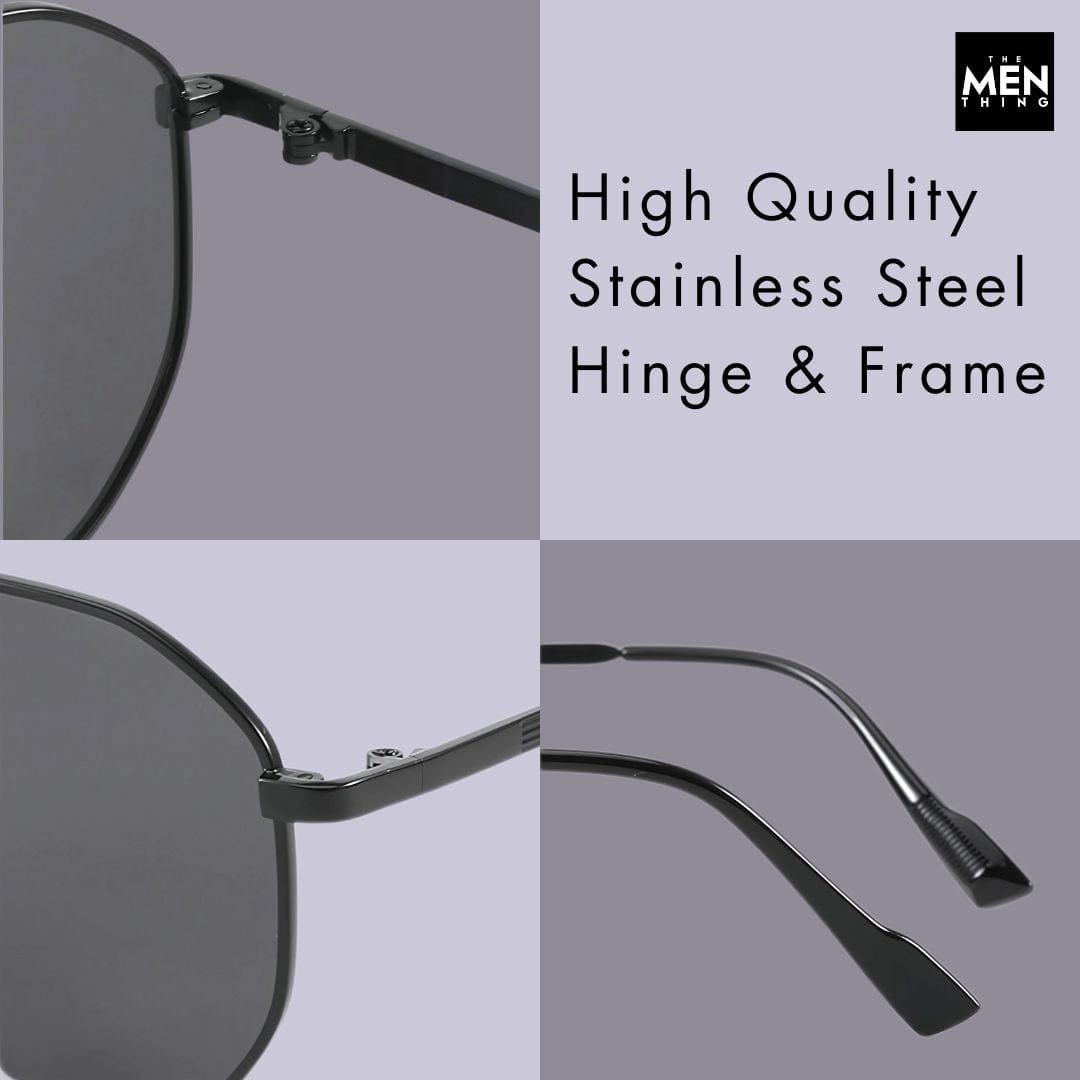 THE MEN THING Sunglasses J3347 - AMBER LUXE - HD Polarised Sunglasses for Men - UV400 Protection, Stainless Steel Frame - Black Frame with Black Lens