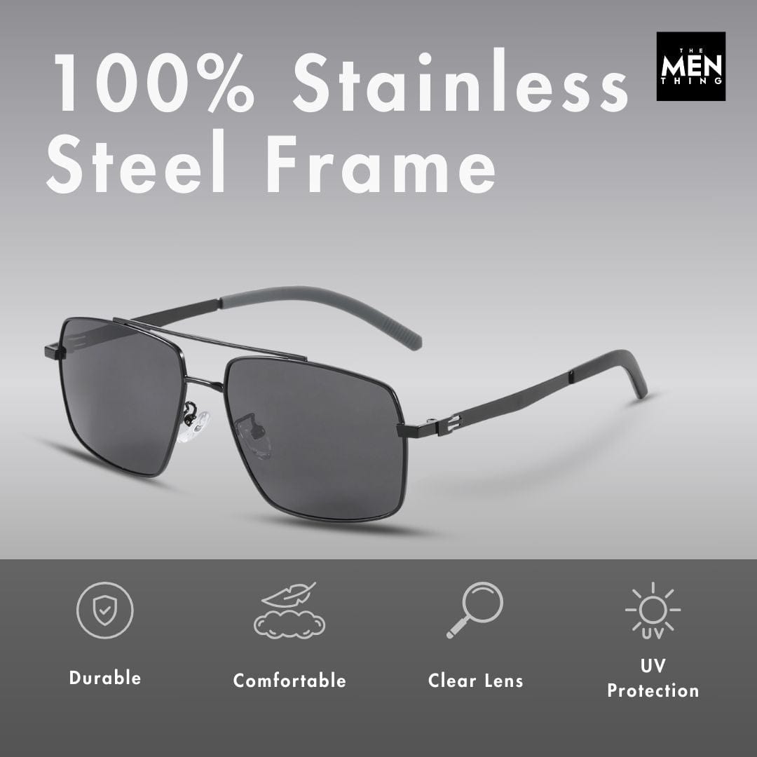 THE MEN THING Sunglasses J3348 - VORTEX SHADE - HD Polarised Sunglasses for Men - UV400 Protection, Stainless Steel Frame - Black Frame with Black Lens