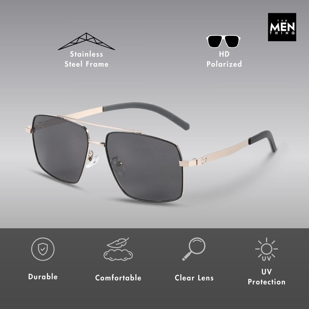 THE MEN THING Sunglasses J3348 - VORTEX SHADE - HD Polarised Sunglasses for Men - UV400 Protection, Stainless Steel Frame - Black Frame with Black Lens