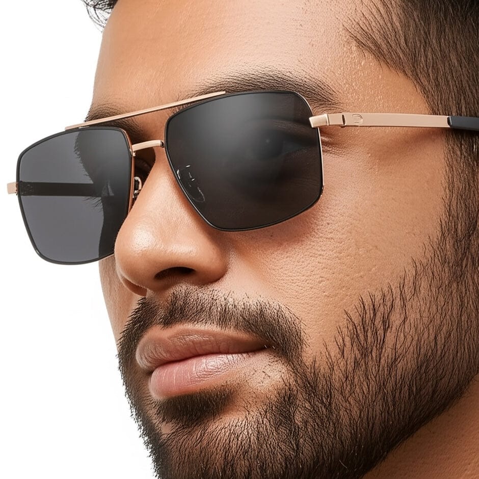 THE MEN THING Sunglasses J3348 - VORTEX SHADE - HD Polarised Sunglasses for Men - UV400 Protection, Stainless Steel Frame - Gold Frame with Black Lens