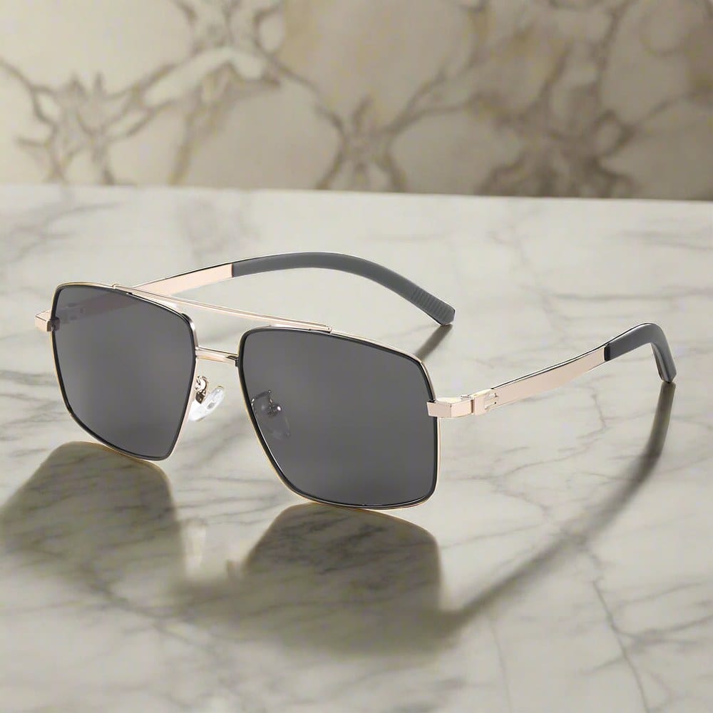 THE MEN THING Sunglasses J3348 - VORTEX SHADE - HD Polarised Sunglasses for Men - UV400 Protection, Stainless Steel Frame - Gold Frame with Black Lens