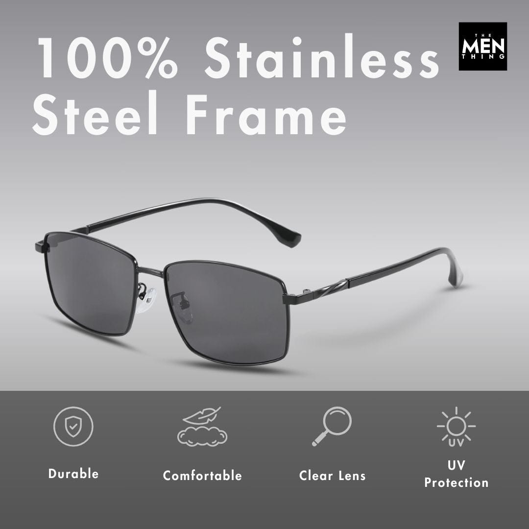 THE MEN THING Sunglasses J3351 - MISTY NOIR - HD Polarised Sunglasses for Men - UV400 Protection, Stainless Steel Frame - Black Frame with Black Lens