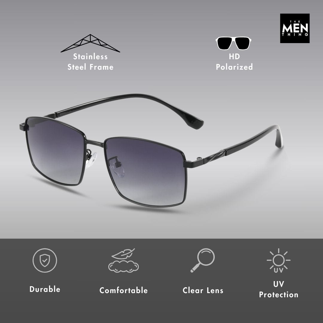 THE MEN THING Sunglasses J3351 - MISTY NOIR - HD Polarised Sunglasses for Men - UV400 Protection, Stainless Steel Frame - Black Frame with Black Lens