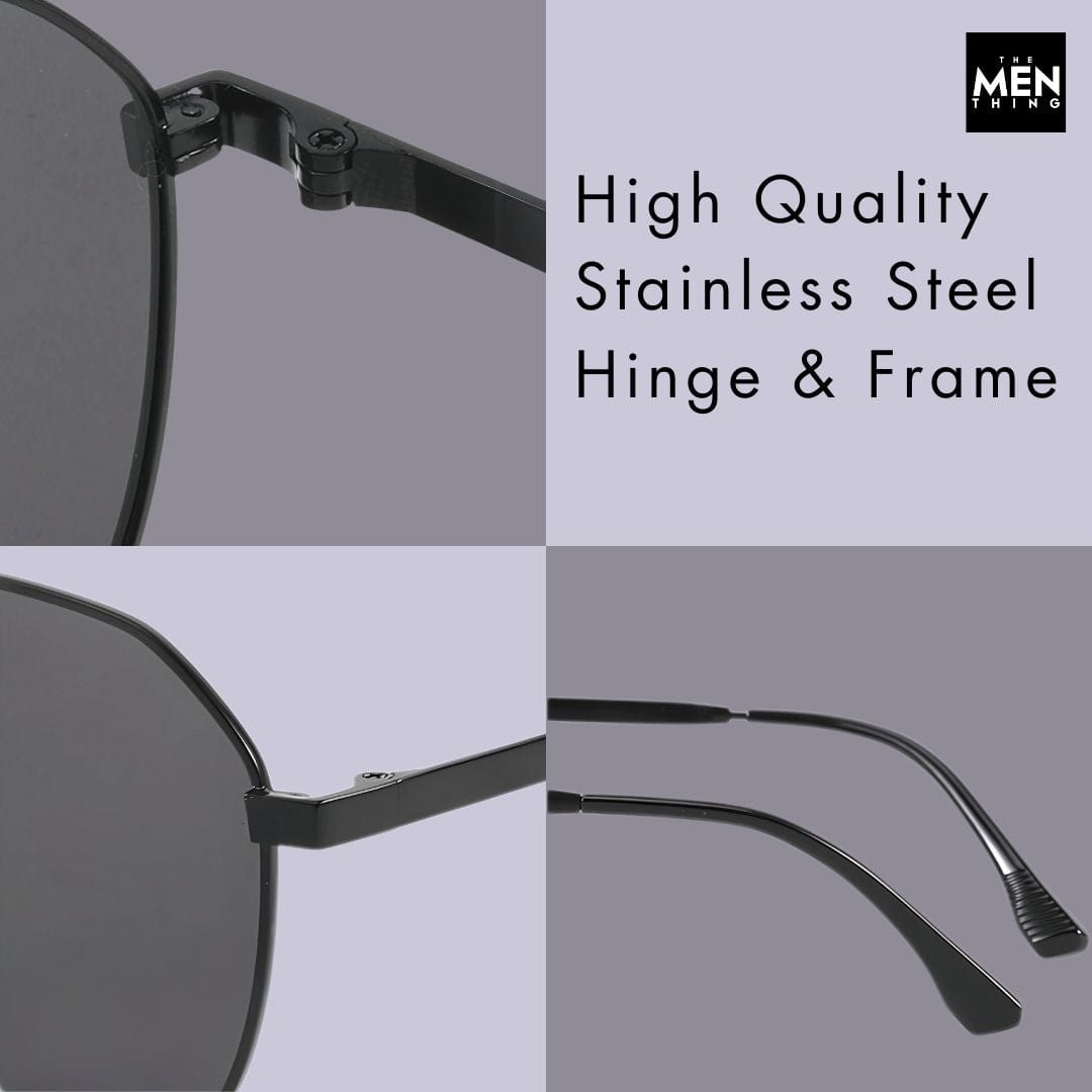 THE MEN THING Sunglasses J3352 - AETHER VISION - HD Polarised Sunglasses for Men - UV400 Protection, Stainless Steel Frame - Black Frame with Black Lens