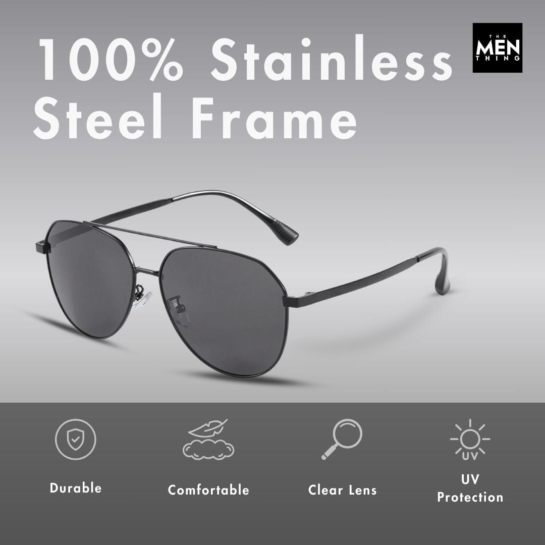THE MEN THING Sunglasses J3352 - AETHER VISION - HD Polarised Sunglasses for Men - UV400 Protection, Stainless Steel Frame - Black Frame with Black Lens