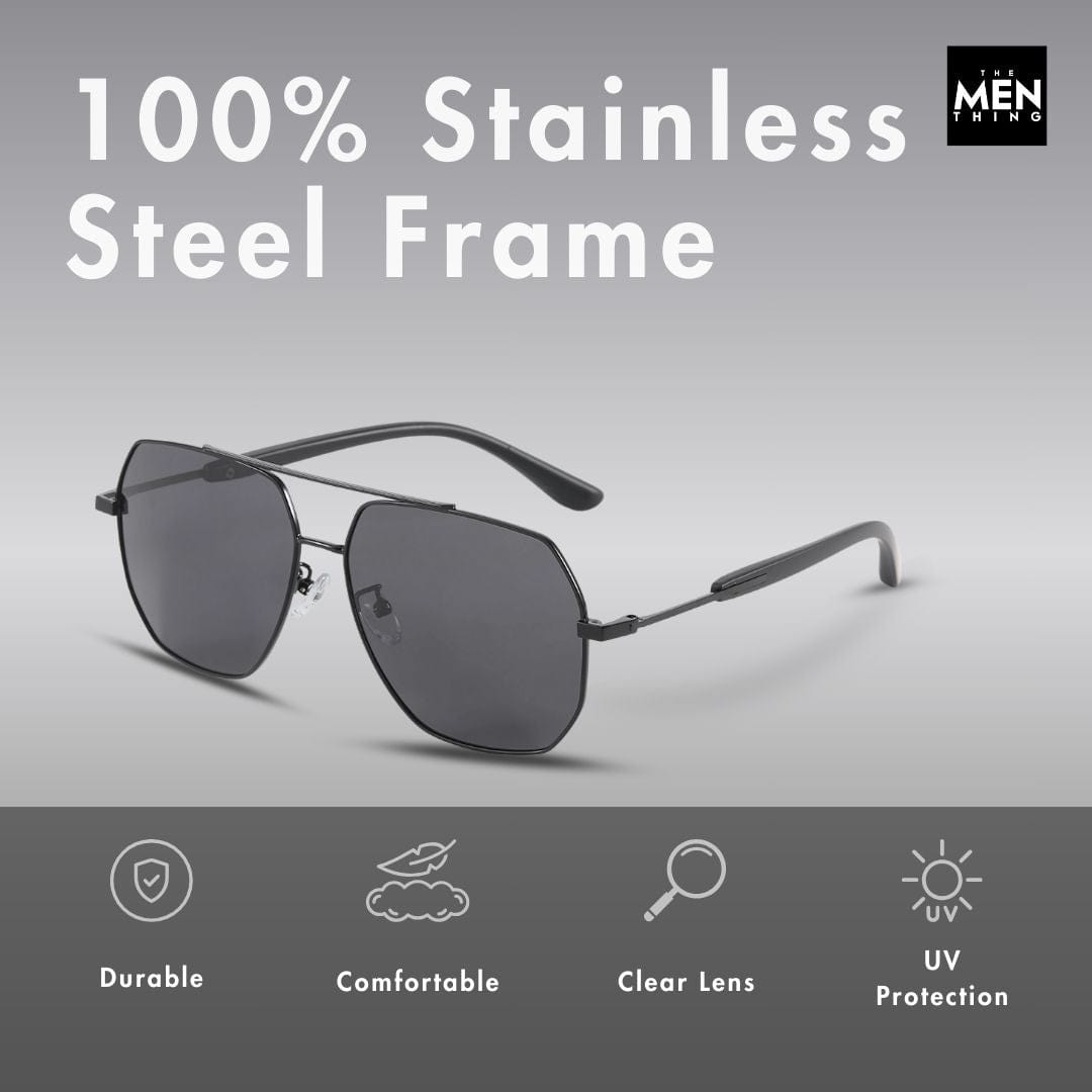 THE MEN THING Sunglasses J3354 - NOVA SHADE - HD Polarised Sunglasses for Men - UV400 Protection, Stainless Steel Frame - Black Frame with Black Lens