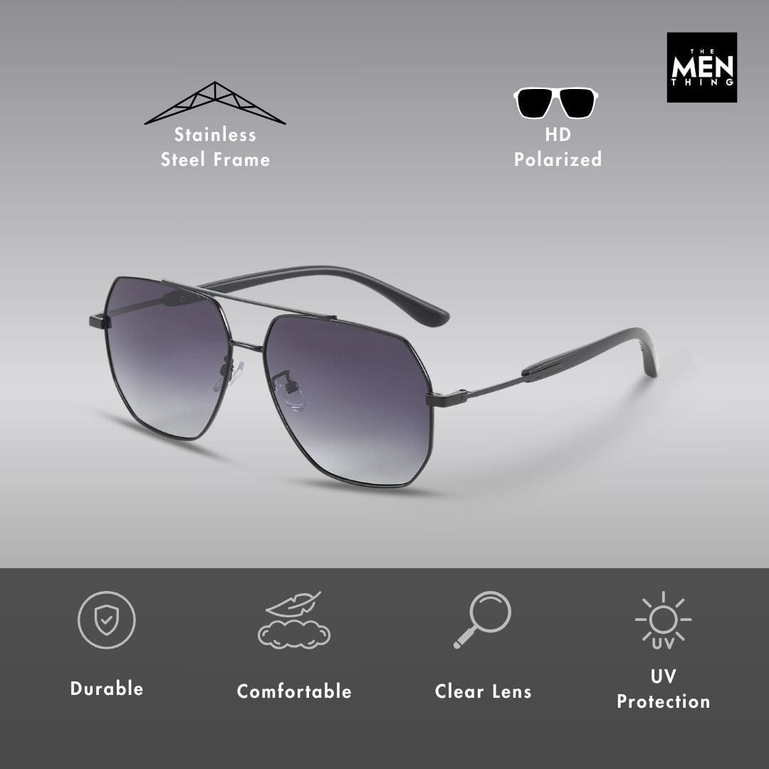 THE MEN THING Sunglasses J3354 - NOVA SHADE - HD Polarised Sunglasses for Men - UV400 Protection, Stainless Steel Frame - Black Frame with Black Lens