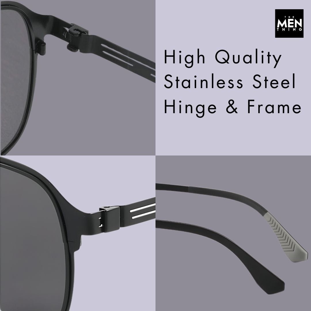 THE MEN THING Sunglasses J3362 -JETSETTER VISION - HD Polarised Sunglasses for Men - UV400 Protection, Stainless Steel Frame - Black Frame with Black Lens