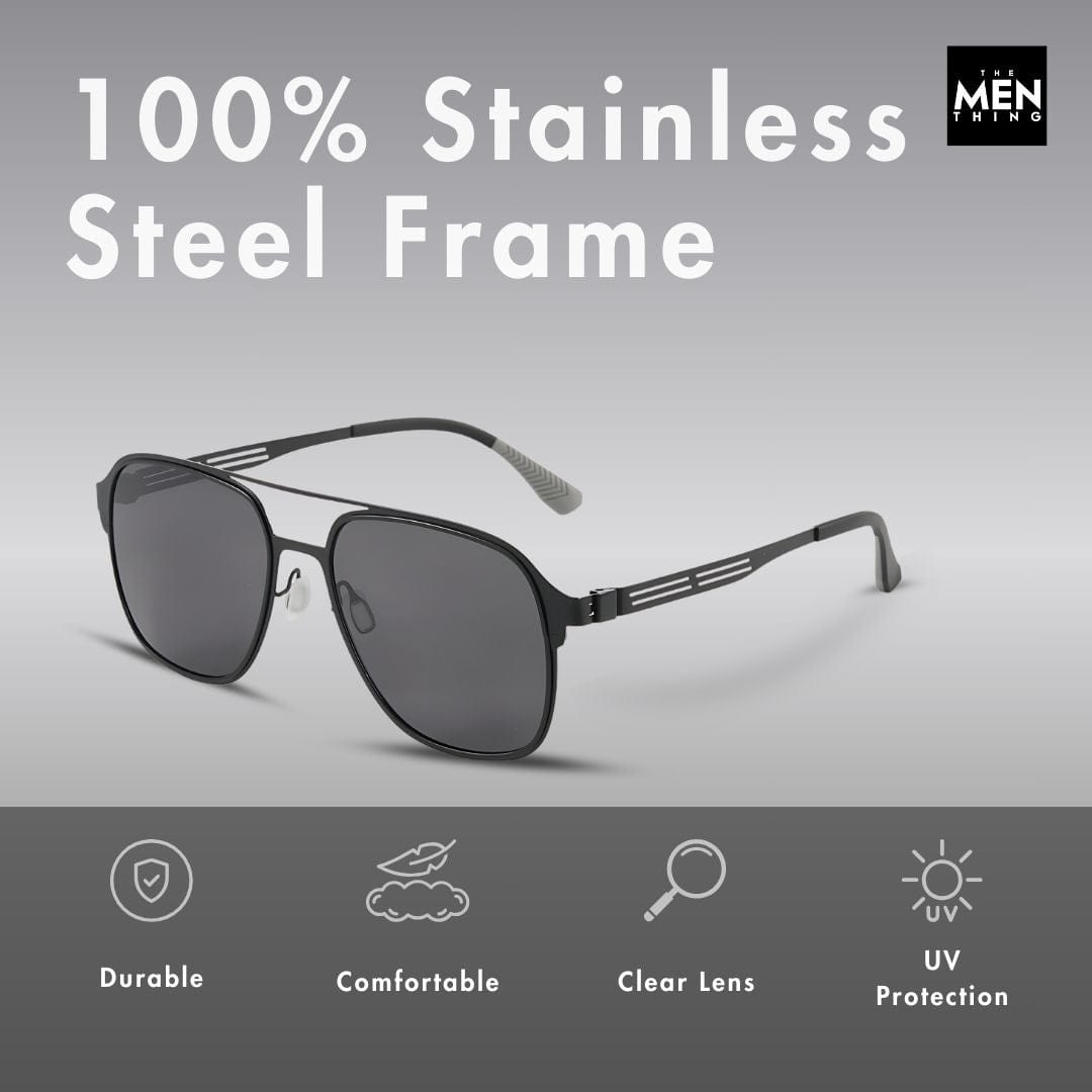 THE MEN THING Sunglasses J3362 -JETSETTER VISION - HD Polarised Sunglasses for Men - UV400 Protection, Stainless Steel Frame - Black Frame with Black Lens