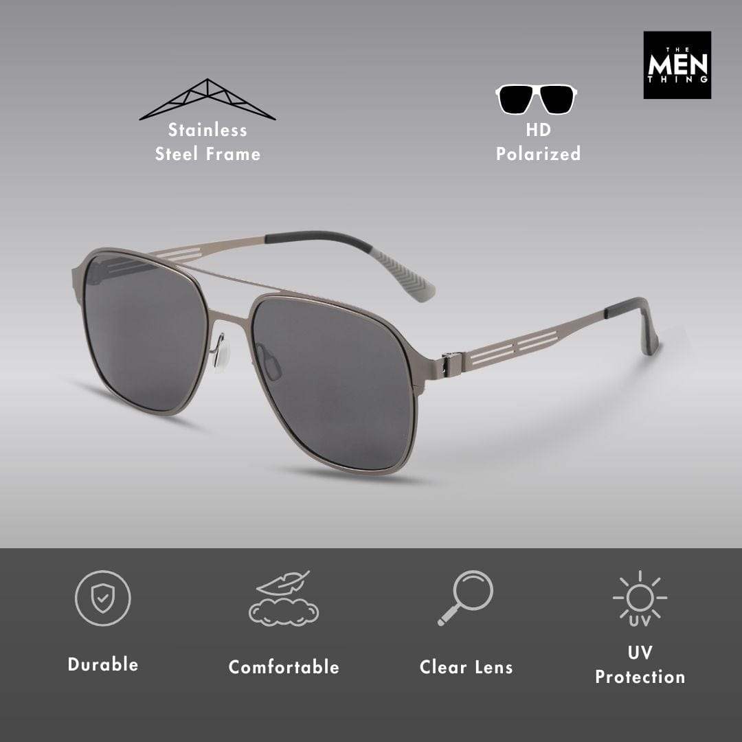 THE MEN THING Sunglasses J3362 -JETSETTER VISION - HD Polarised Sunglasses for Men - UV400 Protection, Stainless Steel Frame - Black Frame with Black Lens
