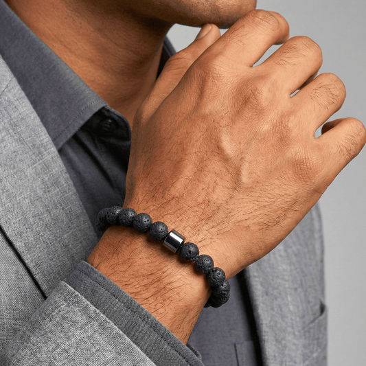 THE MEN THING Bead Bracelet AZURITE DARKNIGHT - Lava Stone Beads Bracelet with Natural Stone - 7 inch Stretch Bracelet