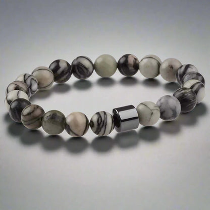 THE MEN THING Bead Bracelet AZURITE GREY JASPER -  Beads Bracelet with Natural Stone - 7 inch Stretch Bracelet