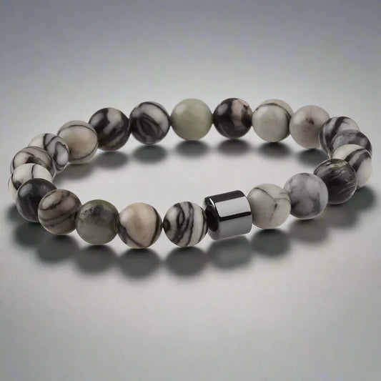THE MEN THING Bead Bracelet AZURITE GREY JASPER -  Beads Bracelet with Natural Stone - 7 inch Stretch Bracelet