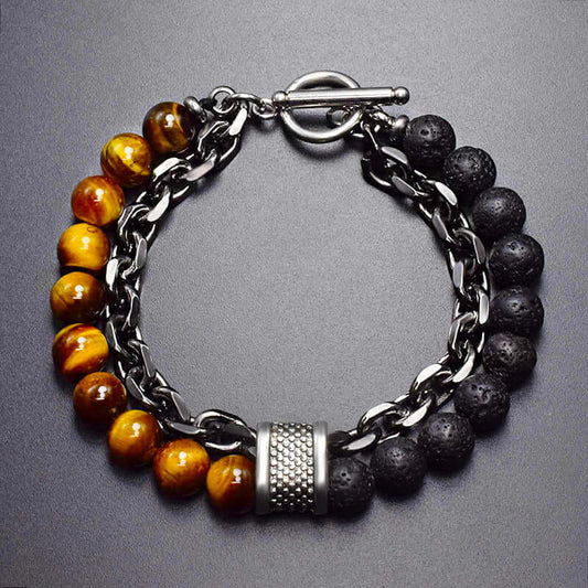 THE MEN THING Bead Bracelet BEADFUSION BROWN -  Natural Beads Bracelet for Men - Become Money Magnet - Black Tiger Eye Stone Colorful 7 Chakra Energy Stretch Bracelet (8inch)
