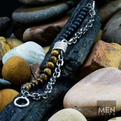 THE MEN THING Bead Bracelet BEADFUSION BROWN -  Natural Beads Bracelet for Men - Become Money Magnet - Black Tiger Eye Stone Colorful 7 Chakra Energy Stretch Bracelet (8inch)