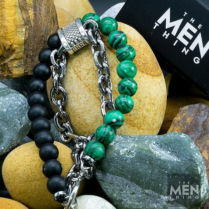 THE MEN THING Bead Bracelet BEADFUSION GREEN-  Natural Beads Bracele - Become Money Magnet - Malachite Natural Stone Colorful 7 Chakra Energy Stretch Bracelet (8inch)
