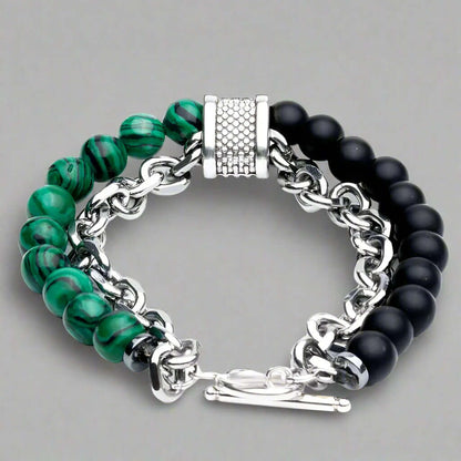 THE MEN THING Bead Bracelet BEADFUSION GREEN-  Natural Beads Bracele - Become Money Magnet - Malachite Natural Stone Colorful 7 Chakra Energy Stretch Bracelet (8inch)